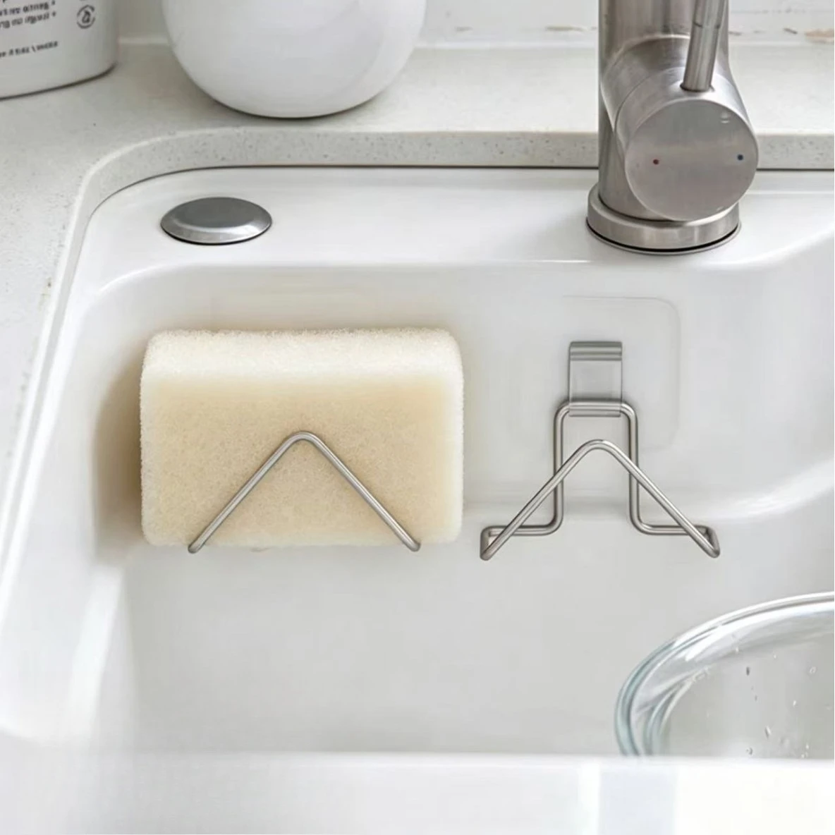 1pc No Drill Stainless Steel Sink Storage Rack Adhesive Hook Kitchen Sponge Wire Scourer Drain Organizer