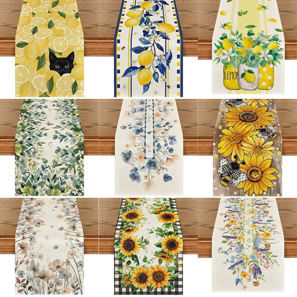 

Summer Lemon Print Table Runner Black Cat Fruit Pattern Table Cover for Farmhouse Kitchen Dining Room Garden Party Decoration