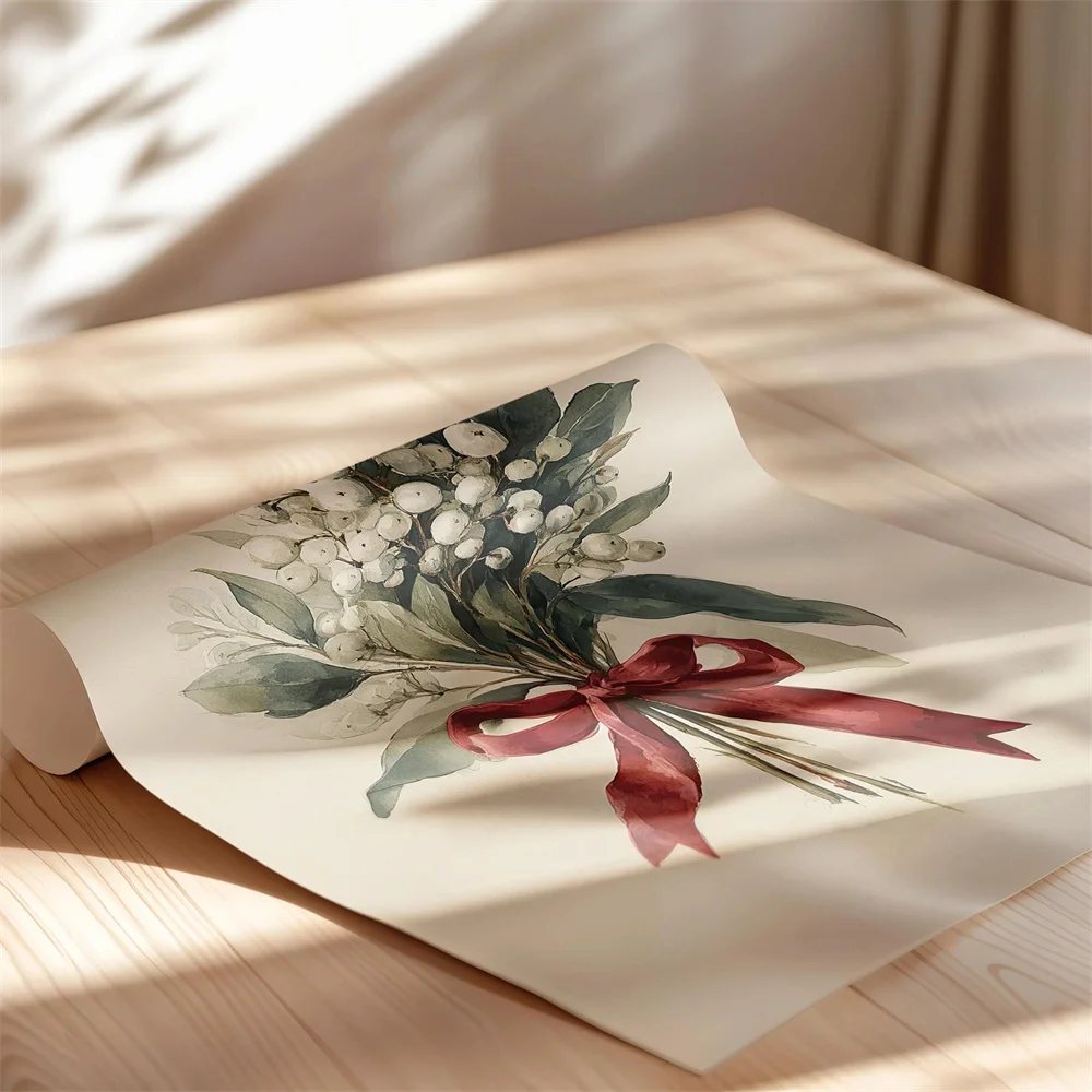 مجموعة فنية جدارية لديكور عيد الميلاد والشتاء بألوان مائية مكونة من 3 ملصقات أو طباعة قماشية، إكليل شجرة عيد الميلاد وفن جداري الهدال