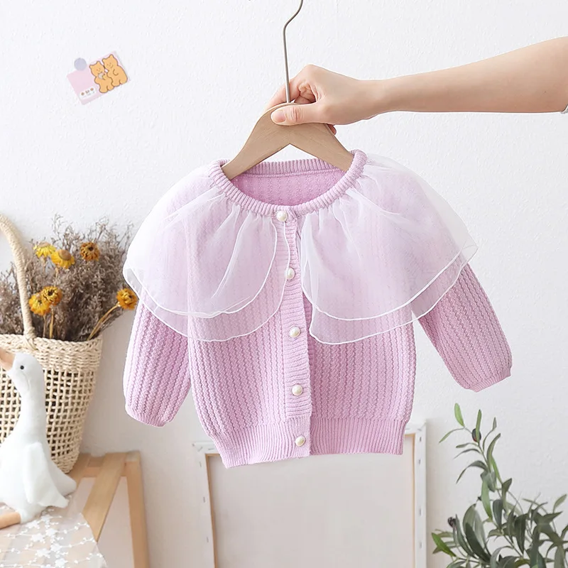 2023 Spring Autumn Girls Sweaters Lace Mesh Girls Sweater 1-6 Years Knit cardigan Children Clothing Sweet Baby Girl Coat GY06281