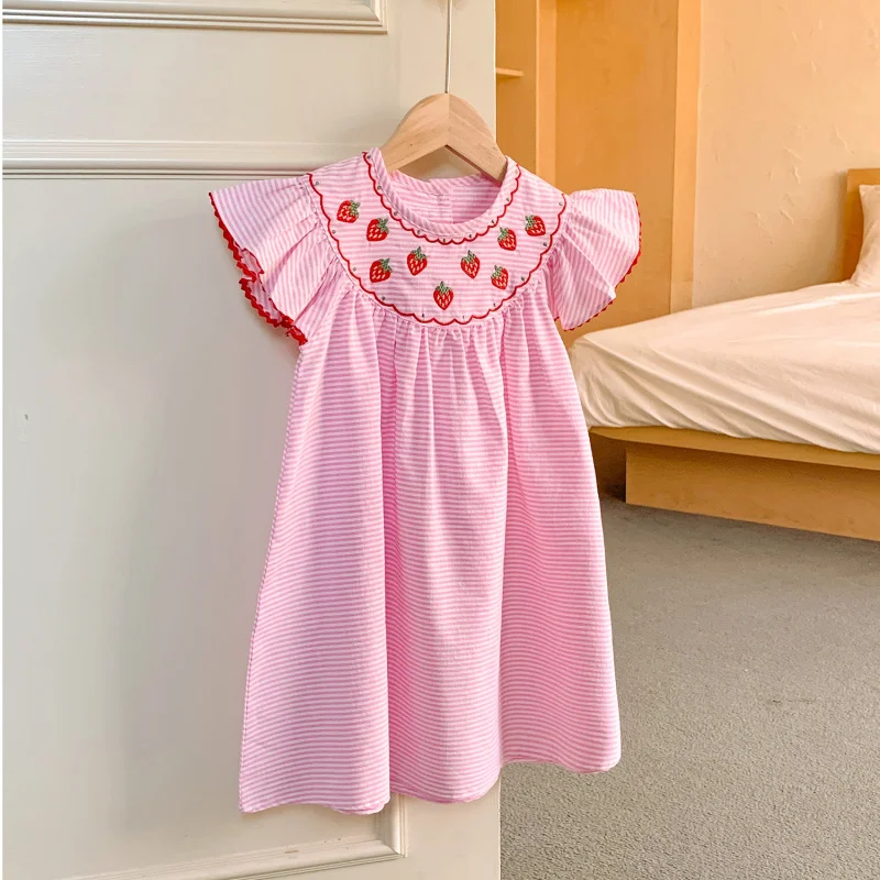

Strawberry Embroidered Striped Girls' Dress2025Summer New Sweet Cute Baby Princess Dress with Flutter Sleeves