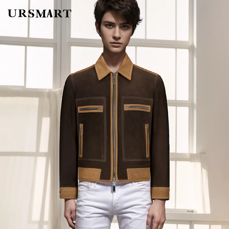 High quality suede lapel men's jacket fashionable and handsome British color matching calf leather custom short jacket for men