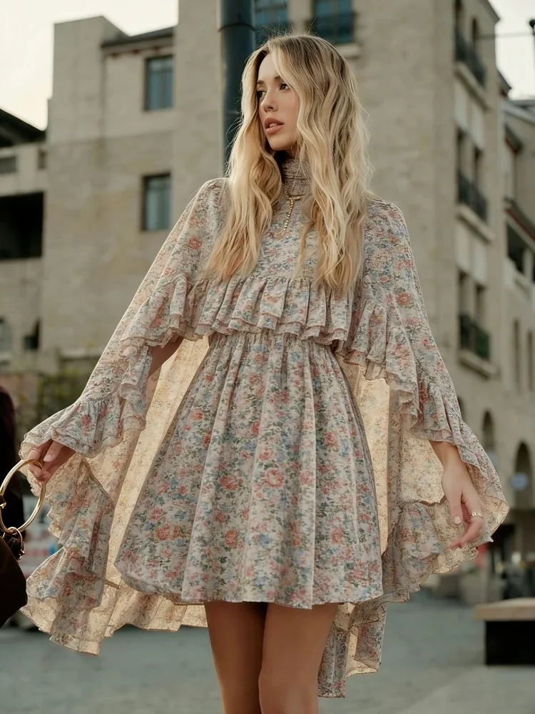 

2026 Spring Summer Chiffon Printed Dress Two-piece Suit Women Elegant Sets Ruffled Irregular Cloak Tops Sling Dress 2-piece Sets