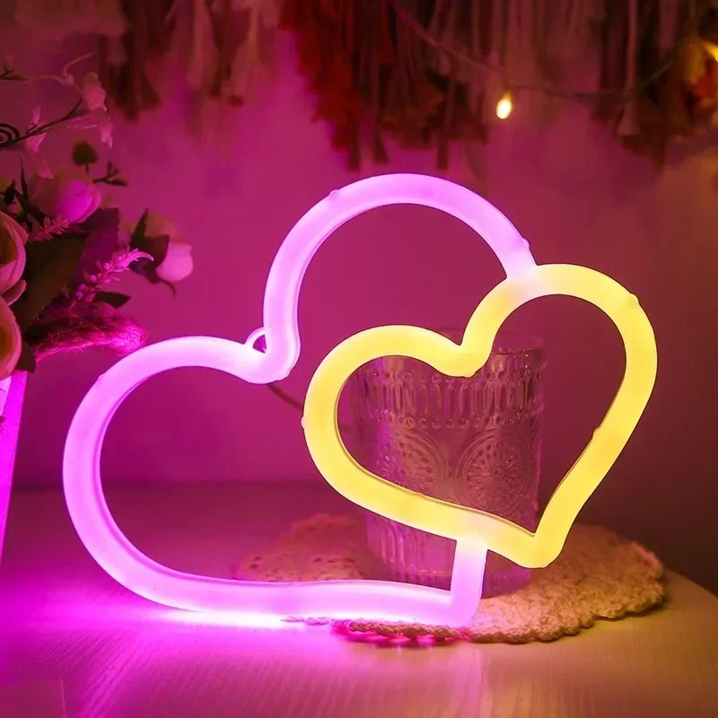 Double Heart Neon Light Sign LED Love Modeling Cupid Arrow Lamp Wall Decoration for Room Shop Party Gift USB & Battery Case