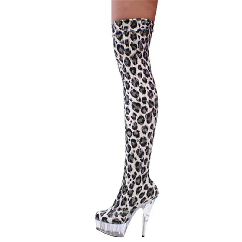 

15CM Platform Thigh High Boots, Stretchy Leopard Print Over The Knee Boots with Clear Heel, Sexy Stiletto Party Shoes