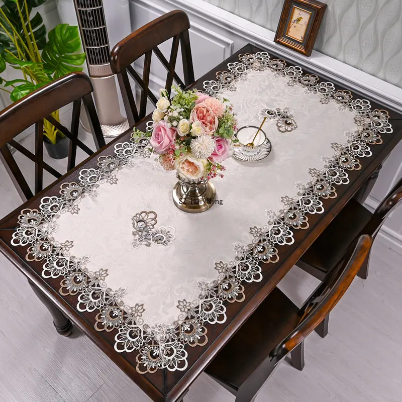 Rectangle Tablecloth White Table Cloth American Embroidered Coffee Tea Table Cover Living Room flower Solid Fabric Lace Book