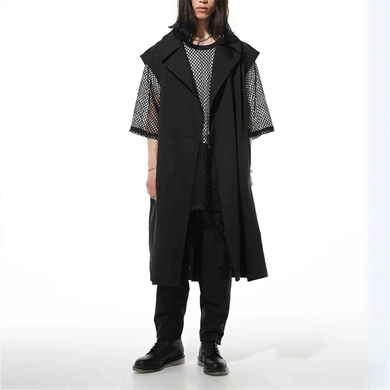 2022 new men's fashion brand loose sleeveless trench coat youth over knee fashion long coat leisure slimmer personality waistcoa