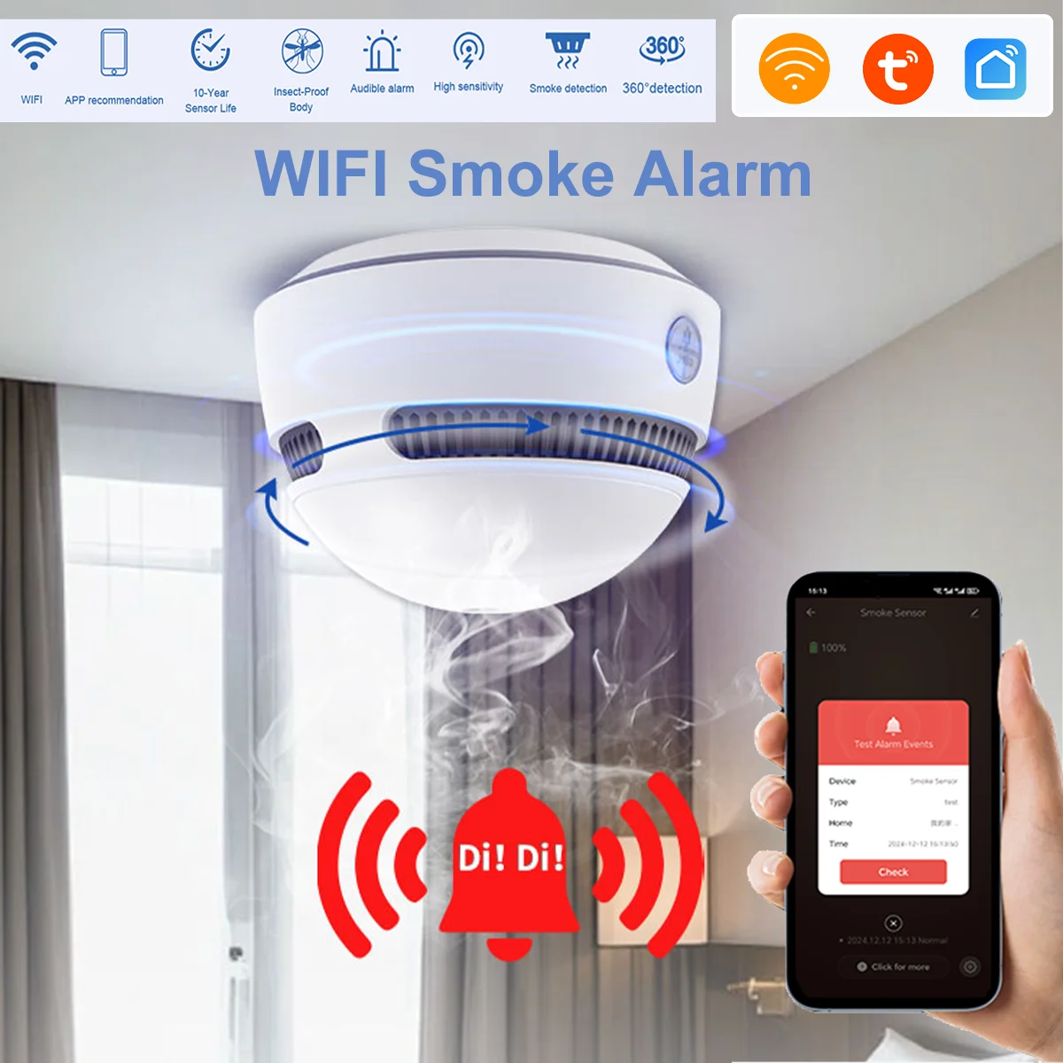 

Система сигнализации CPVAN RV с Wi-Fi, датчик дыма Tuya 85 дБ для кухни, автодома/кемпера, пожарный детектор, работает с приложениями Tuya/Smart Life