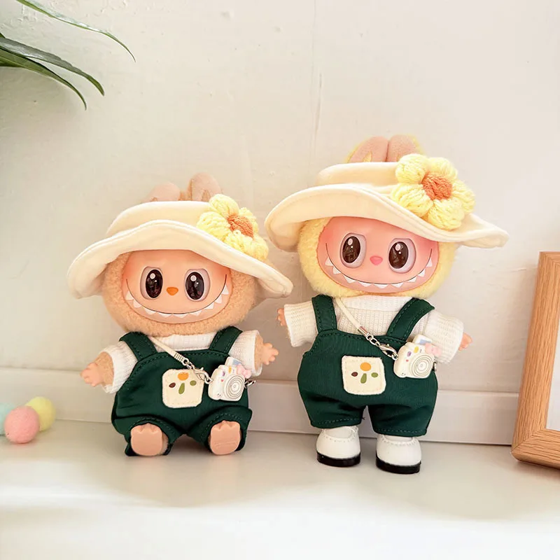 

Clothes For 15/17cm 1st-3rd Gen Labubu Cute Outfit Set With Floral Hat Green Suspender Pants And Accessories For Plush Dolls