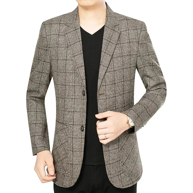 

Man Jacket Spring Autumn Business Casual Plaid Single-breasted Long Sleeve Male Coat Non-ironing Turn Down Collar Men Blazer