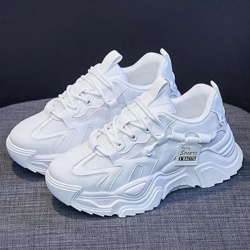 Zapatillas de deporte con plataforma para mujer, zapatos informales antideslizantes de suela gruesa, cómodos, para exteriores, color blanco, Primavera