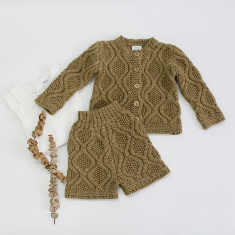 Boys Girls Baby Knit Sweater Cardigan + Shorts Suit Baby Clothes Suit Autumn Winter Baby Knitted Twist Suit Children Clothing