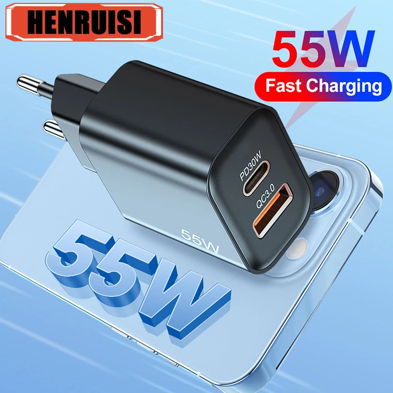 USB PD Charger 55W Dual Ports Quick Charge 3.0 Phone Charge Adapters For iPhone 15 14 13 Xiaomi Samsung Type C Fast Wall Charger