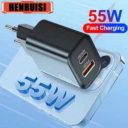 USB PD Charger 55W Dual Ports Quick Charge 3.0 Phone Charge Adapters For iPhone 15 14 13 Xiaomi Samsung Type C Fast Wall Charger