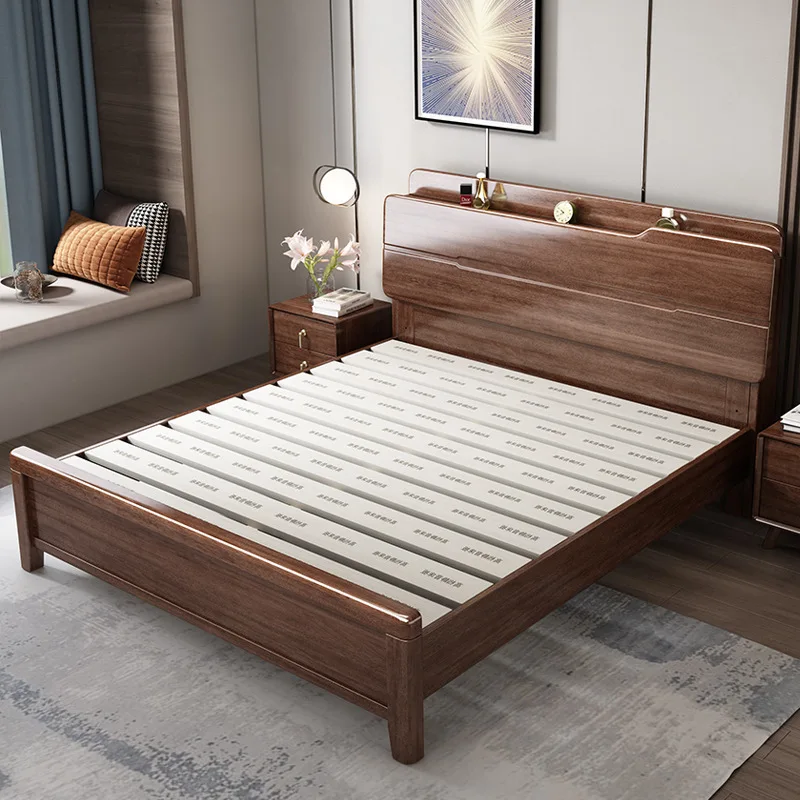 Nordic walnut solid wood bed, light luxury home bedroom