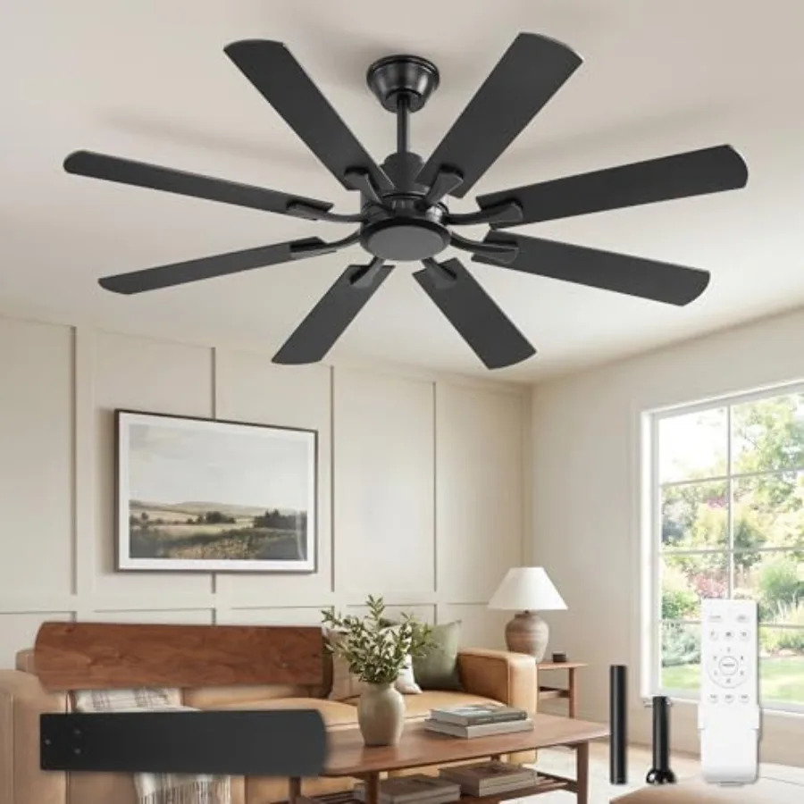 

52 inch Ceiling Fan no Light, 8 Blades Black Ceiling Fans without lights, Quiet Reversible DC Motor, 6 speeds, for Bedroom, Liv
