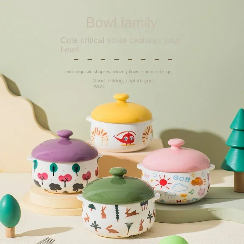 Cute Cartoon Steamed Egg Bowl – Mengqu Ceramic Bowls with Cover, Double Ear Baby Food Bowl for Supplementary Feeding