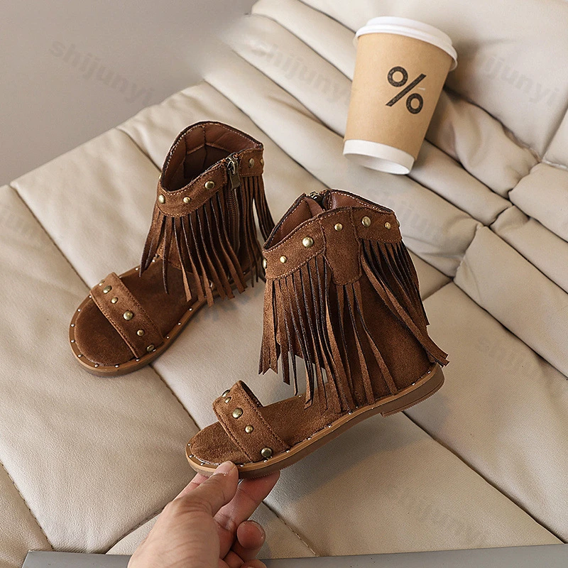 

Children Girls' Sandals 2025 Summer New Bohemia Style Fashion Strap Roman Shoes Comfortable Tassels Open Toes Kids' Cool Boots