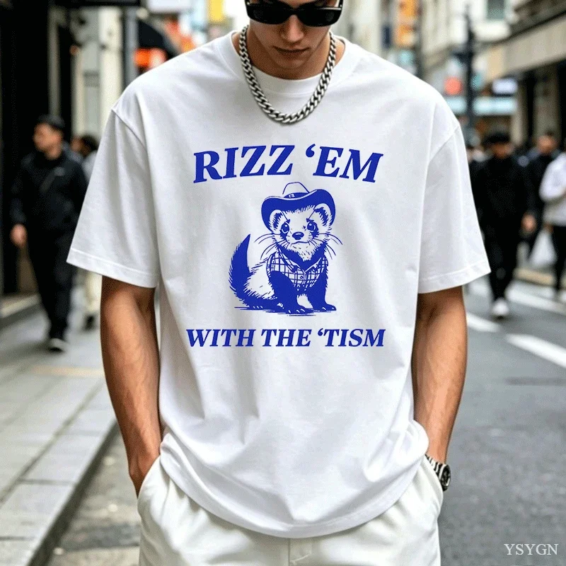 Rizz Em with The Tism Ferret T Shirt Funny Romant Autism Tshirt Silly Retro 90s Tshirt Short Sve Mens Clothes s 2026 New Model S