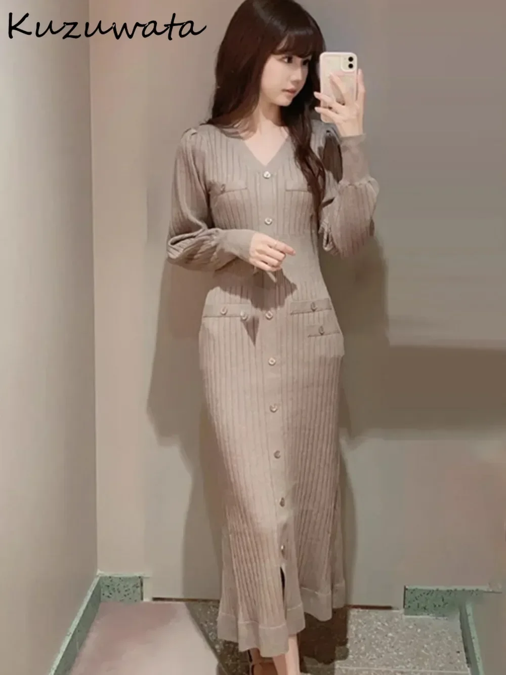 Kuzuwata Minority Elegant V Neck Lantern Sleeve Knit Dress Mermaid Panelled French Style Mujer Japan Small Fragrance Stripe Robe