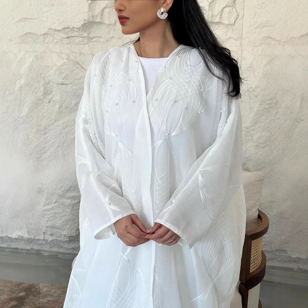 

Elegant Dubai Abayas White Muslim Dress Sets 2 Piece Party Gown Women Islam Clothing Kimono Cardigan Kebaya Jalabiya Caftan Suit