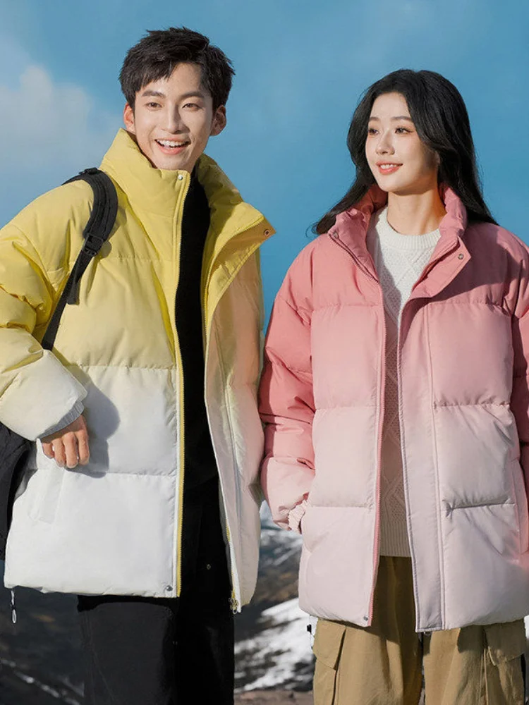 

Модная зимняя утепленная куртка унисекс из хлопка с градиентным цветом, свободного кроя, с воротником-стойкой, для мужчин и женщин