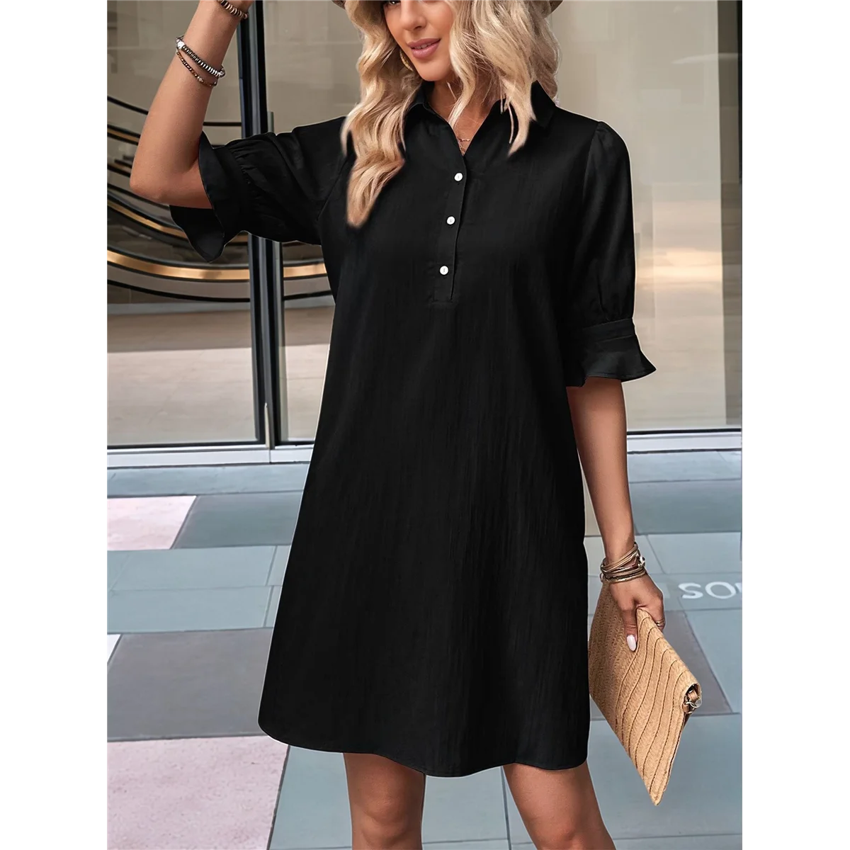 CYL-Womens Casual Shirt Dress Ruffle Sleeve Button Down Shift Summer Dresses With Pockets