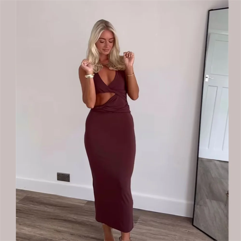 PB & ZA-vestido veraniego para mujer, prenda ajustada con cintura, versátil, color liso, corte de hombro y tirantes, cuello en V, novedad de 2024