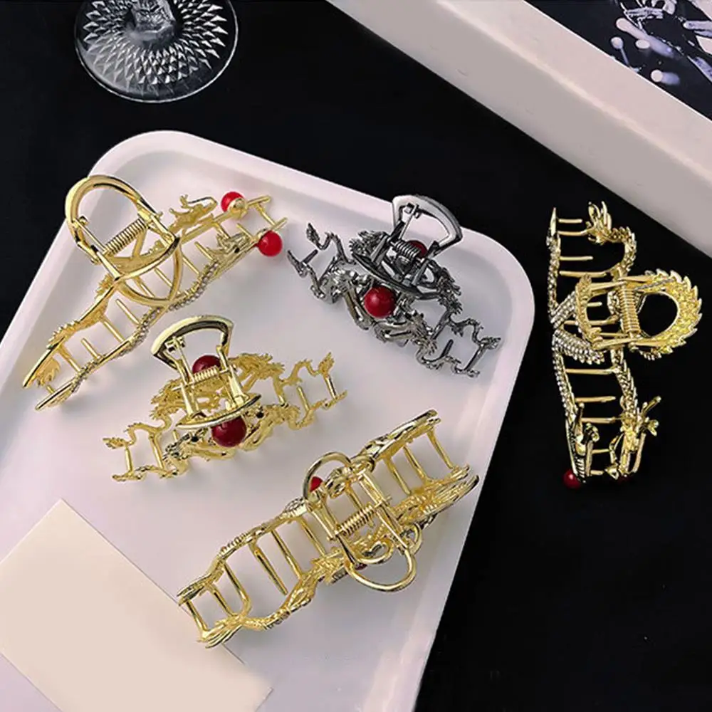 Red Bead Shiny Alloy Crab Clip Hairpin Chinese Dragon Year Hair Clip Chinese Style Hair Accessories Fashion 2024 DIY Retro 1PCS