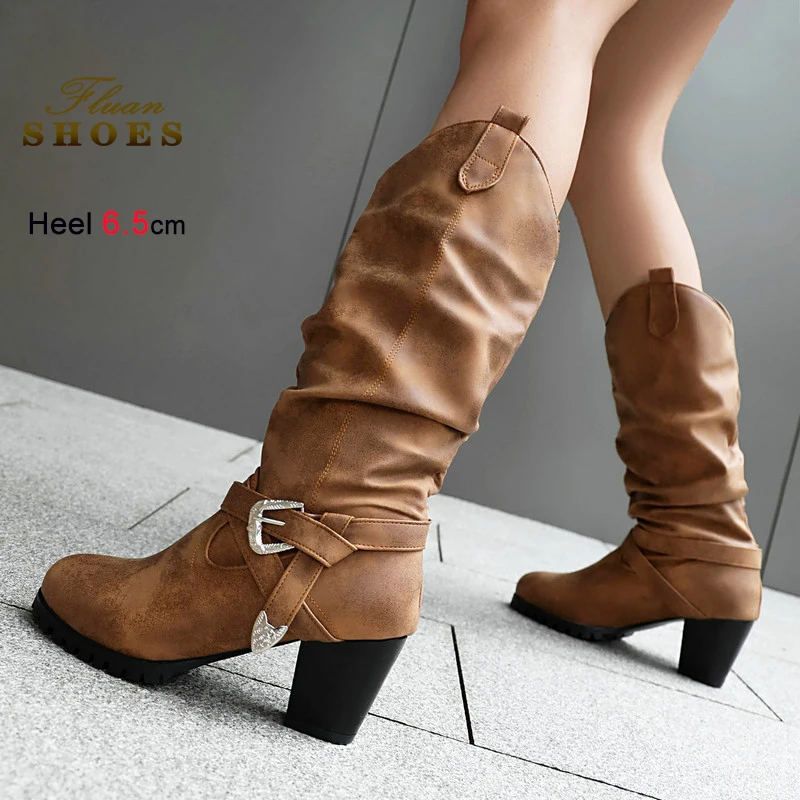 가을 겨울 6.5cm 하이힐 롱부츠 패션 여성 구두 가죽 버클 굵은 굽 나이트 부츠 솔리드 컬러 롱부츠