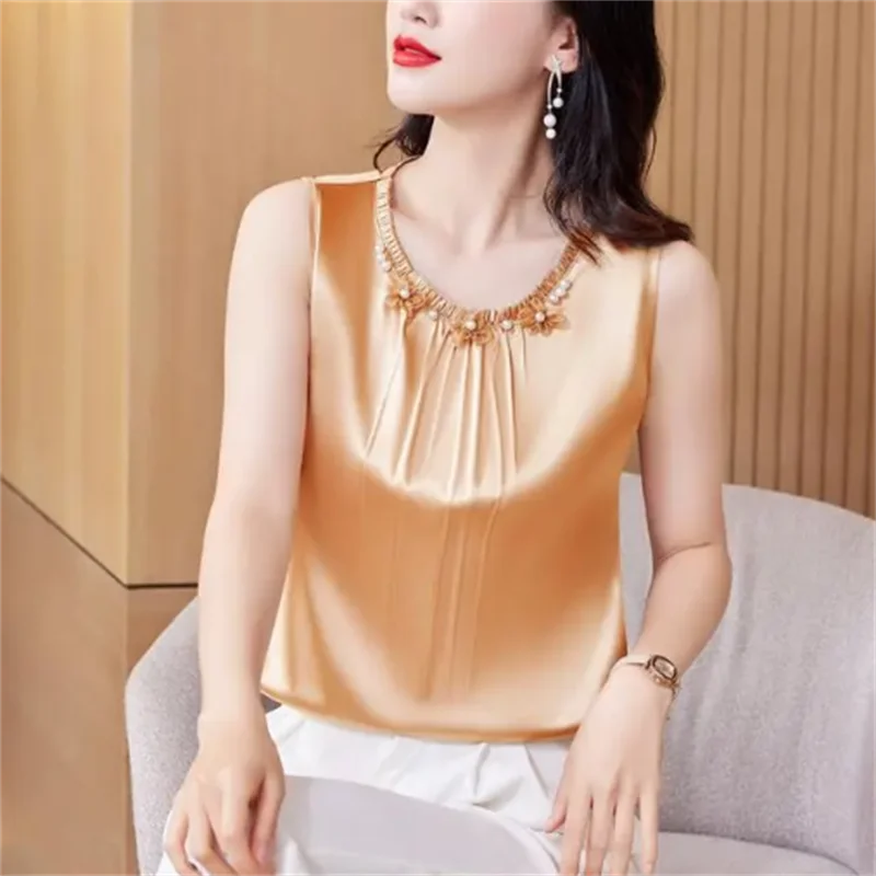 Satin Sleeveless Top Ladies Camisole Summer Tees Beaded Flower Vest Folds Blous Loose Solid Color Tank Tops Female Camis