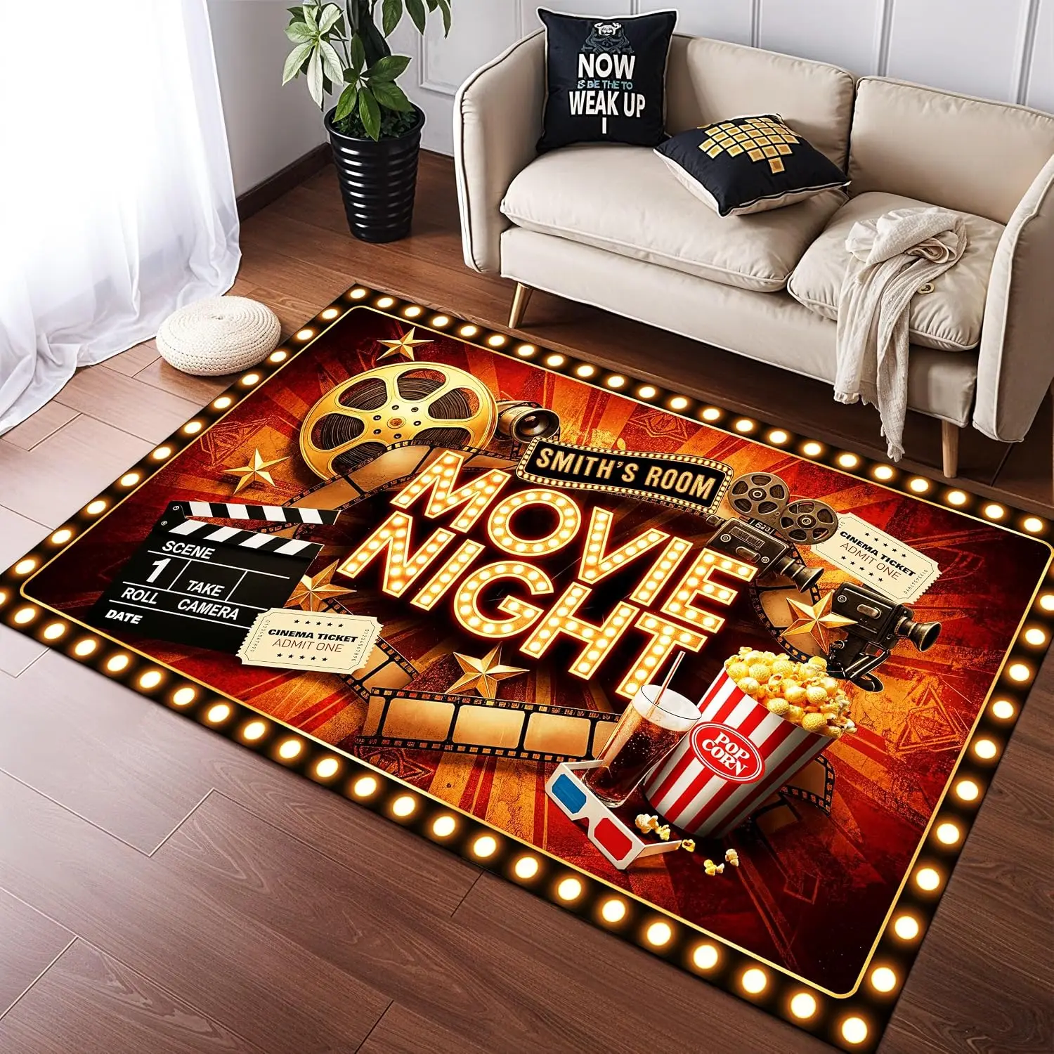 Movie Night Cinema Washable Rug, Soft Non-Slip Carpet for Home Theater Living Room, Retro Pop Culture Decor Floor Mat