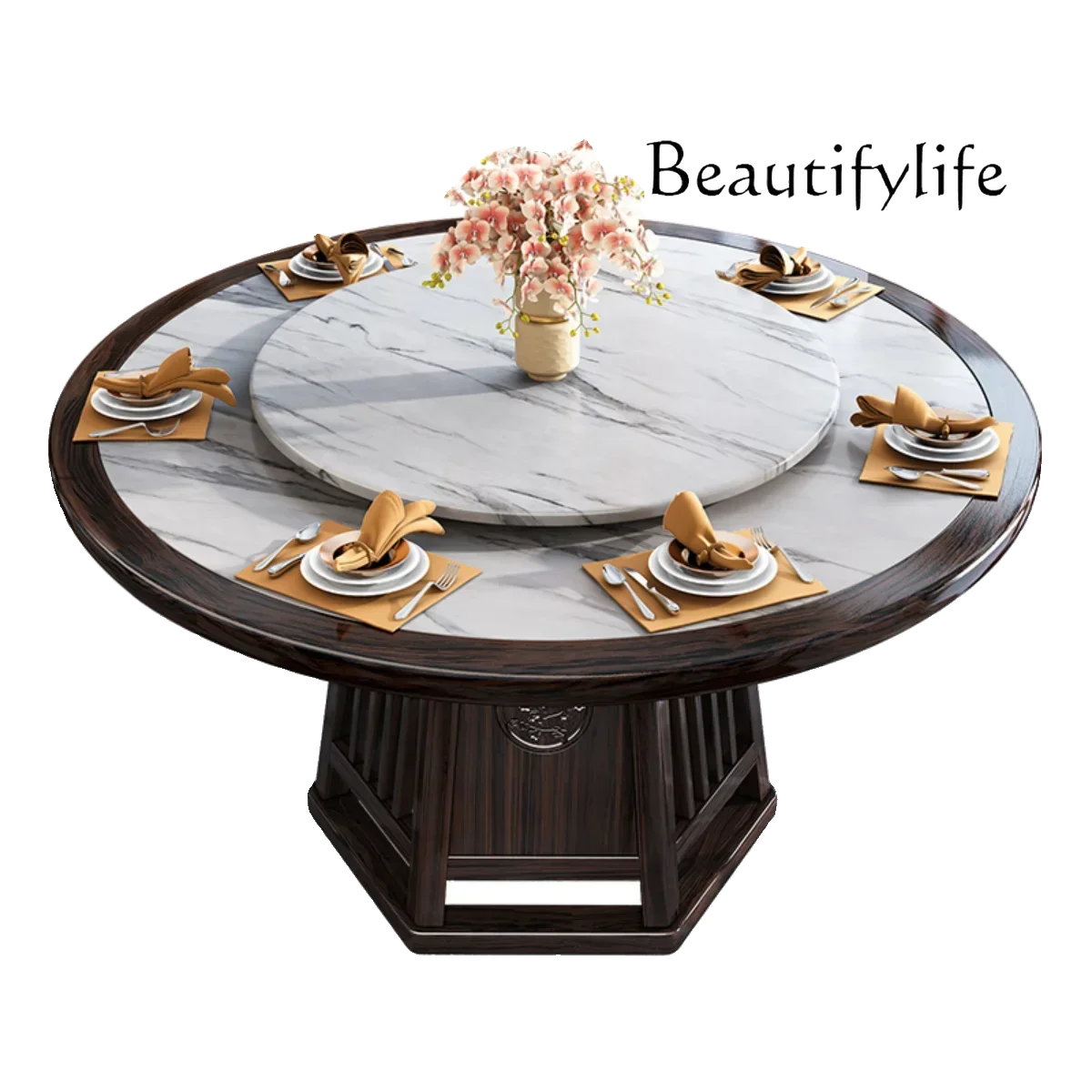 N Ebony  rock slab dining table and chair combination New Chinese-style large and small apartment  dining table with turntable