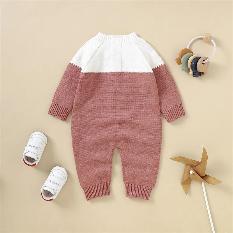 Baby Girl Button Down Jumpsuits Long Sleeve Contrast Color Knit Rompers Newborn Winter Outfit