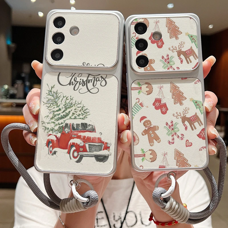 Christmas Pattern Lanyard Phone Case For Samsung S26 S25 Ultra S24 S23 FE A57 A17 A16 A26 A36 A37 A56 5G Leather Soft TPU Cover