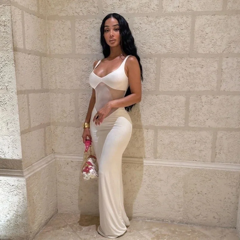 

Sexy Mesh V-neck Revealing Backpack Hip Dress Solid Color Slim Fit Mid Waist Long Dress Summer New Fashion Women's Strap Dress