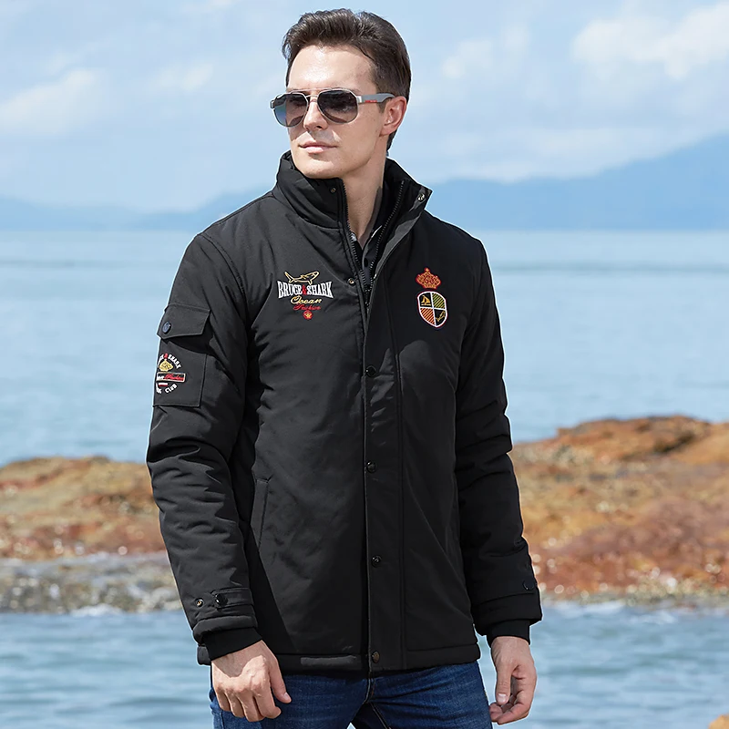 New Shark Men\'s Jacket Thickened Cotton Winter Clothes Embroidery Men\'s Loose Outdoor Cotton Coat Warm Big Size 4XL Black