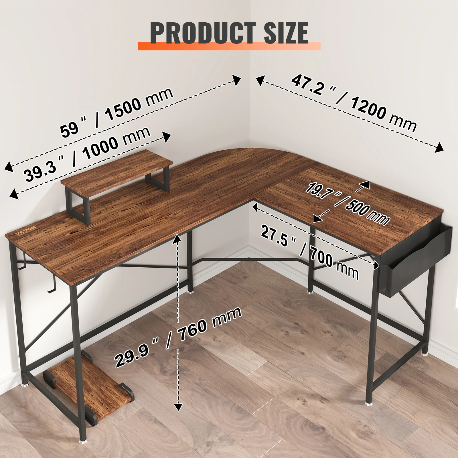 VEVOR L Shaped Computer Desk 59 inch Corner Desk with Storage Bag Monitor Riser and CPU Stand Home Office Work Desk Gaming Desk