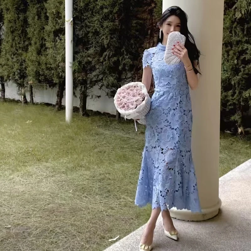 Vestido midi de encaje tridimensional ahuecado para mujer, vestido de señora con temperamento de manga corta