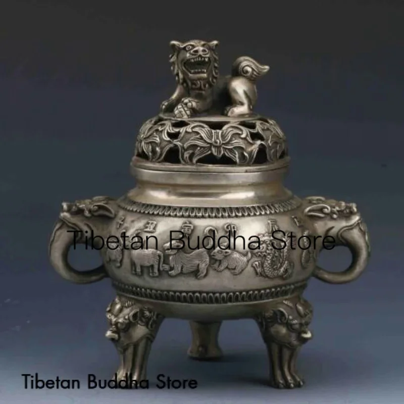 

China Tibetan white copper Silvering Incense Burner &Lion Lid W Qianlong Mark