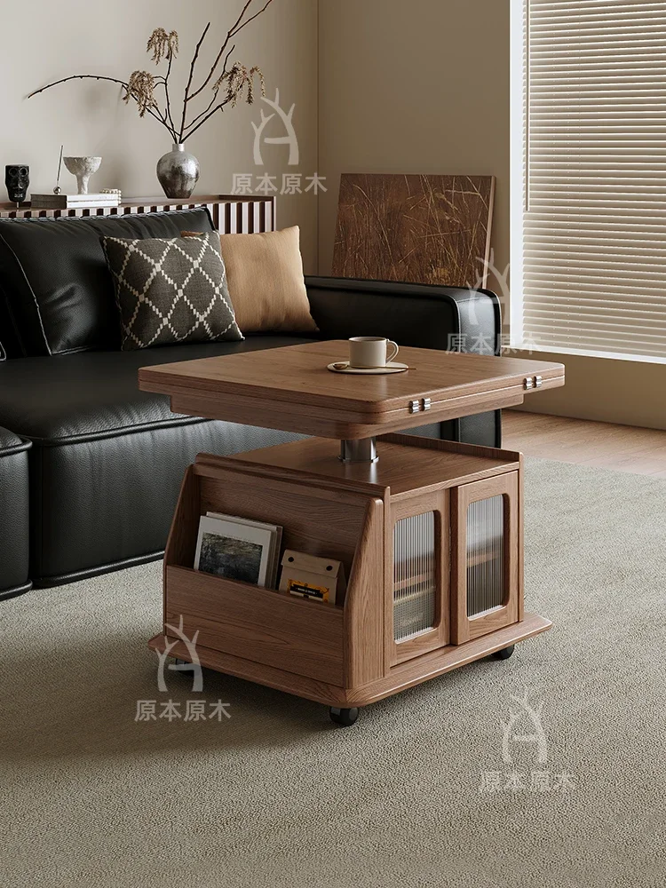 

Accompanying coffee table walnut color, living room multi-functional cart side table movable solid wood lifting