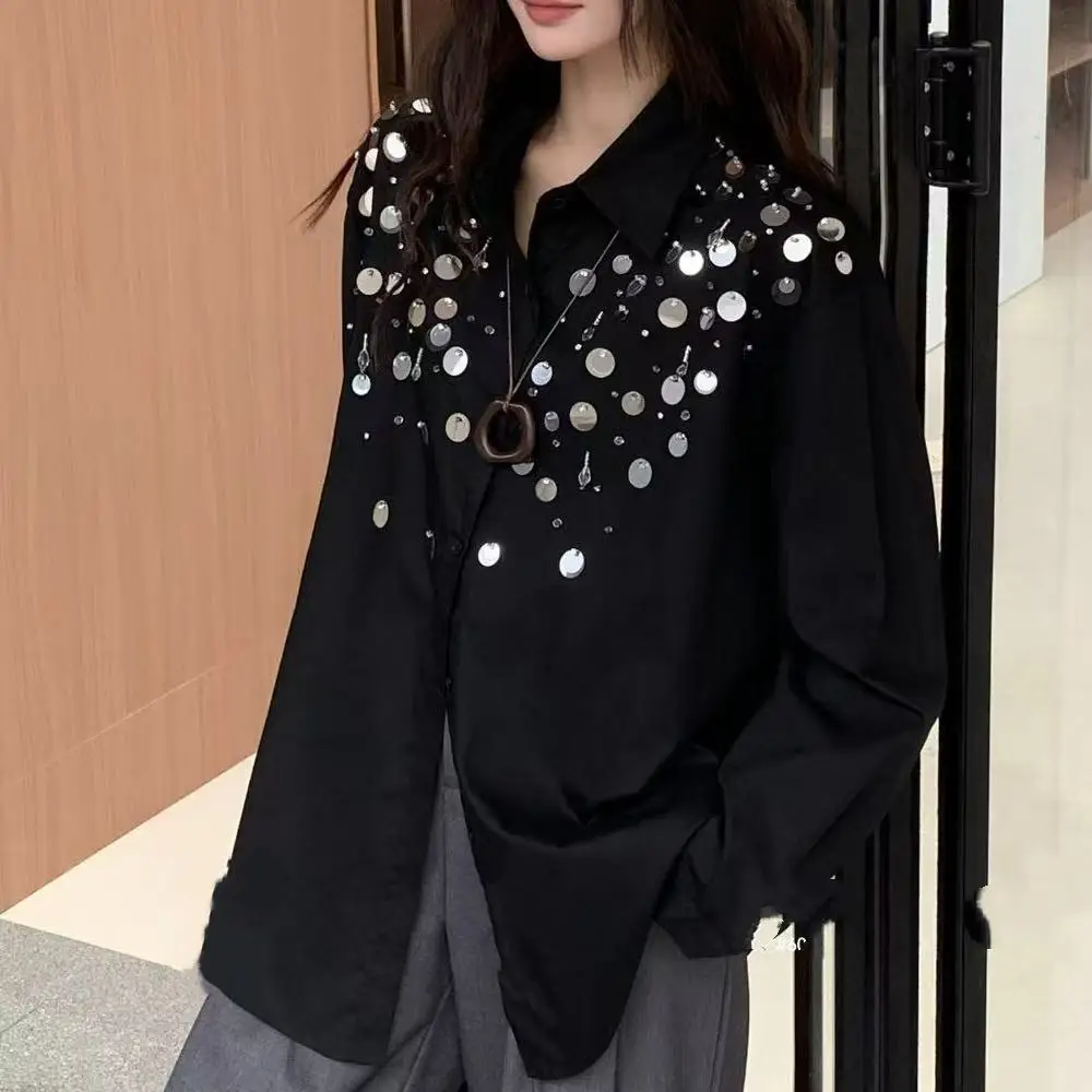 

Luxury Design Sequins Stitch Cotton Blouses Shirts Women Spring Autumn Long Sleeve Tops Camisas De Mujer Femme Clothing