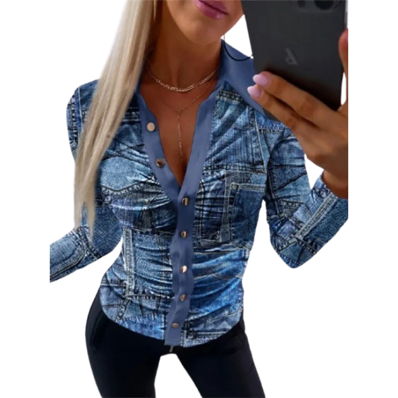 Nice Trendy Geometric Printed Long Sleeved Lapel Button Shirt Women's Fashion Elegant Autumn Slim Fit Top Blouse
