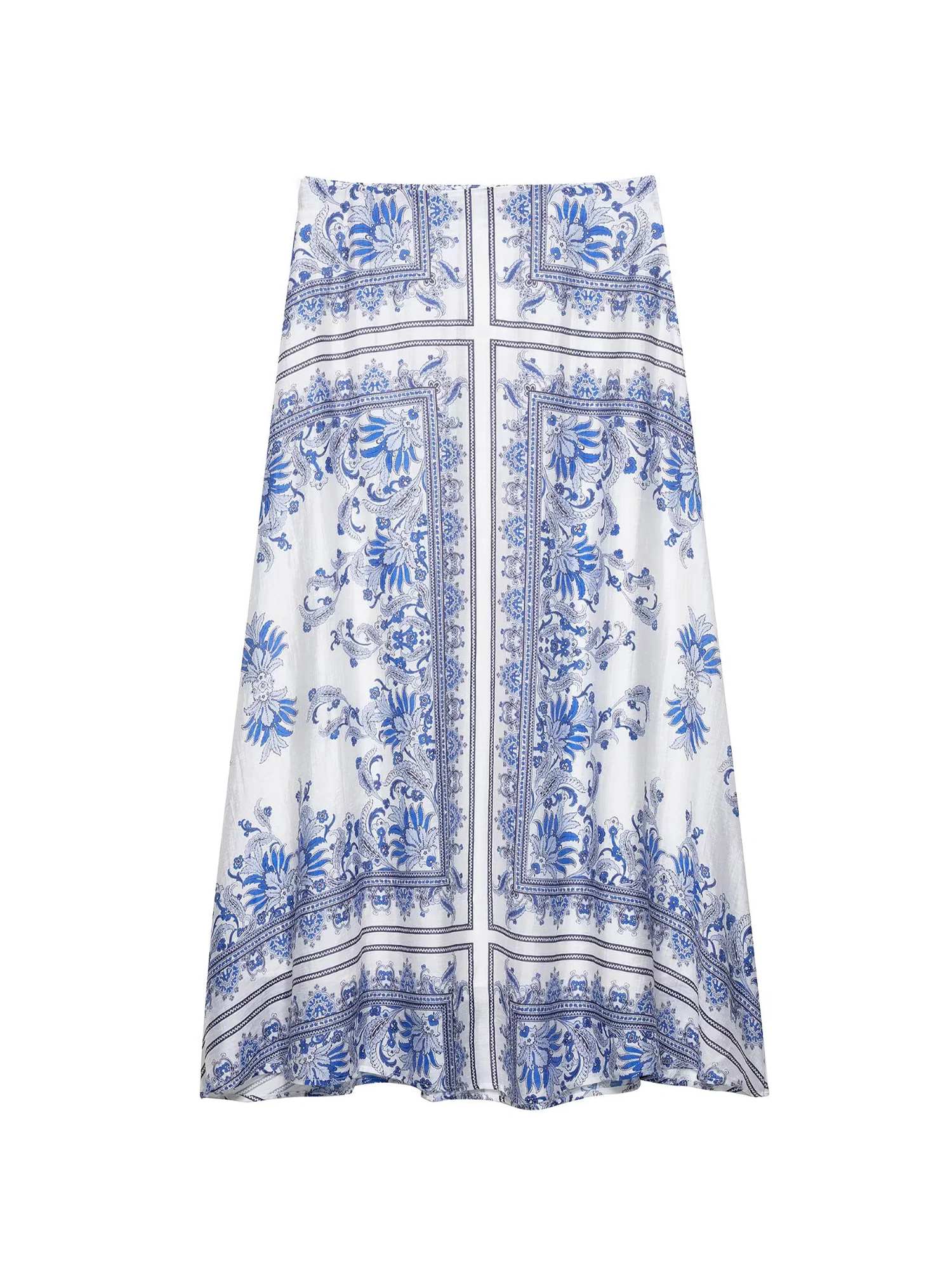 Women's Blue Flower Print Mid Long Skirt Vintage 90s Aesthetic High Waist Skirt Harajuku Y2k A-line Skirts 2000s Clothes Summer