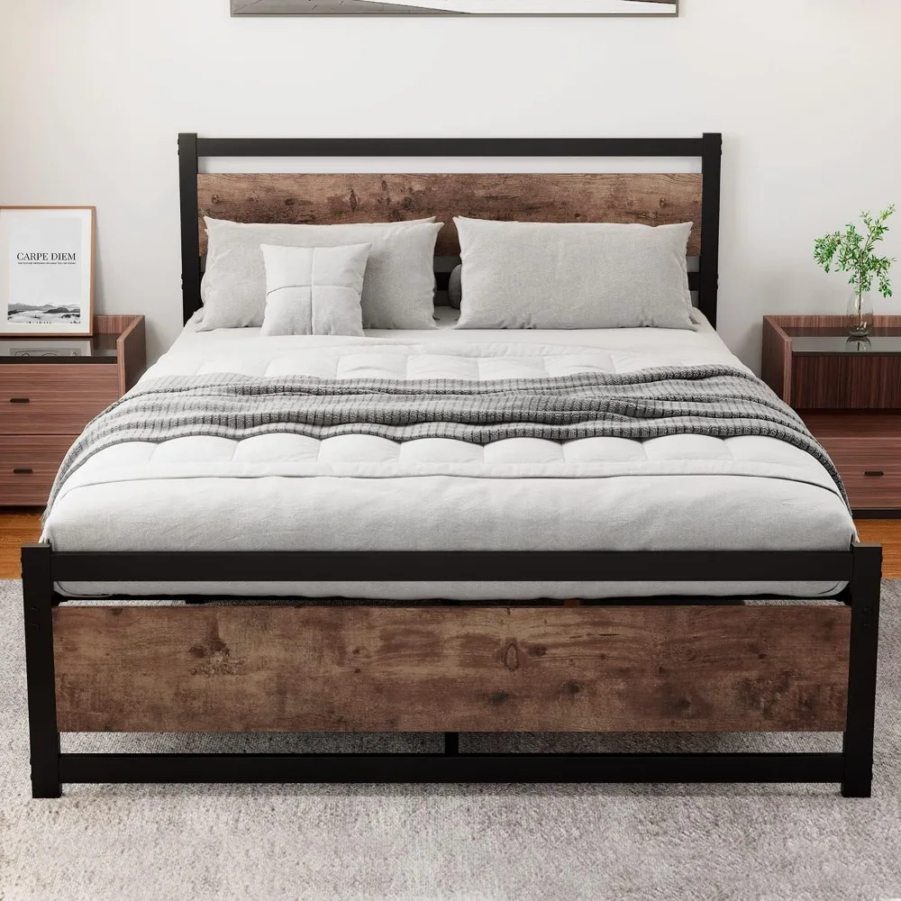 

King Size Bed Frame with Wooden Headboard, Heavy Duty Metal Platform Bed Frame, No Box Spring Needed