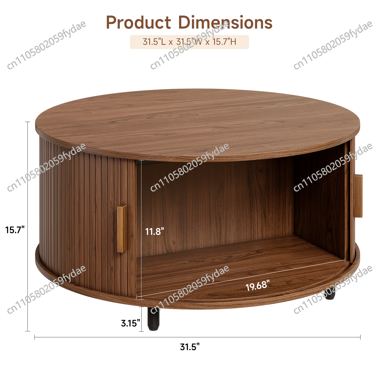 Round Coffee Table with Storage, Modern Coffee Table with 360° Curved Sliding Door,Fluted Wood Accent Coffee Tablee
