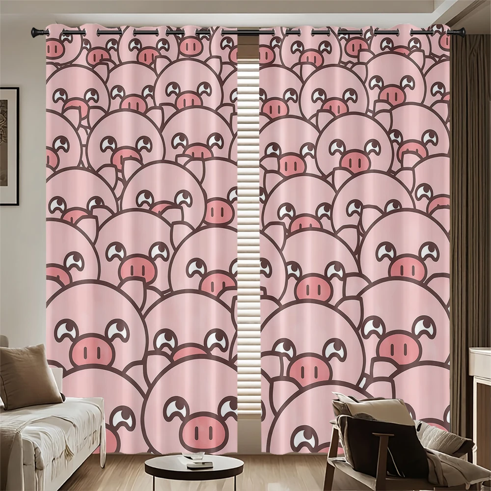 250g Blackout Curtains 2 Panels Pink Pig Head Full Print Window Curtains for Cute Home Decor