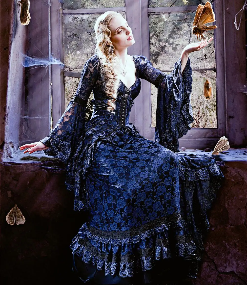 Victorian Gothic Wedding Dress navy blue Lace Lady Queens Mariposa Steampunk Long Sleeve customsized Masquerade bridal Dress