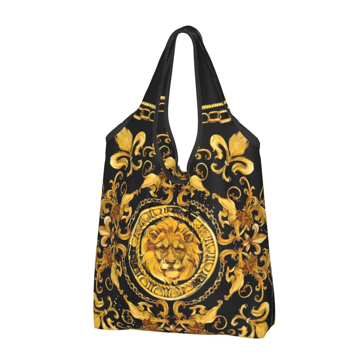 Golden Lion Luxury Design Shopping Bag Foldable Grocery Tote Bags Large Capacity Recycling Bags Washable Handbag