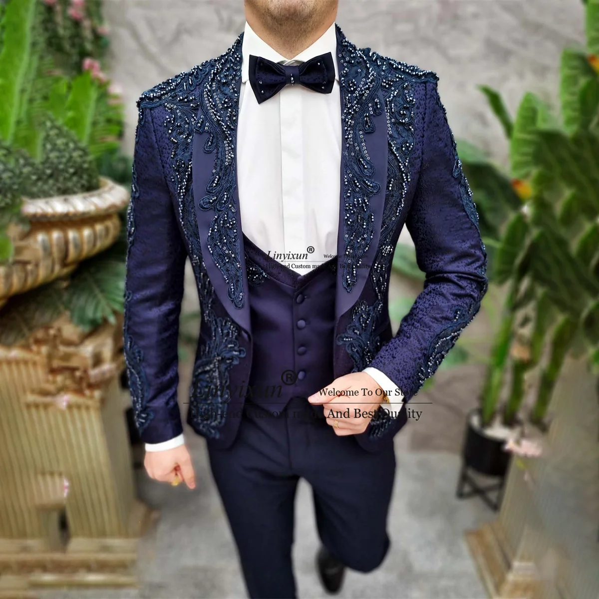 Luxury Beaded Crystals Mens Suits Slim Groom Wedding Tuxedos 3 Pieces Sets Bridegroom Prom Blazers Fashion chalecos para hombre